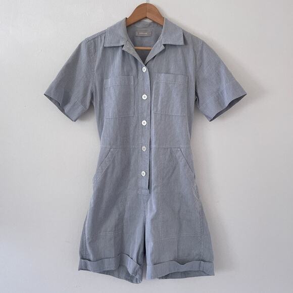 EVERLANE Cotton Weave Shorts Romper Sz 4 Pinstriped Blue + White Collared - Picture 1 of 10